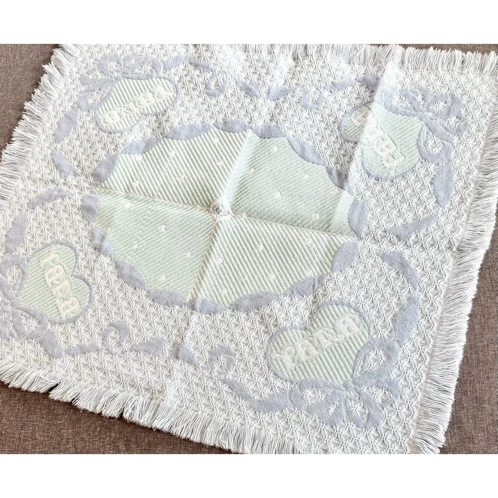 Vintage Baby Woven Throw Blanket Blue White Fringe Hearts Bows Nursery 34x32 80s